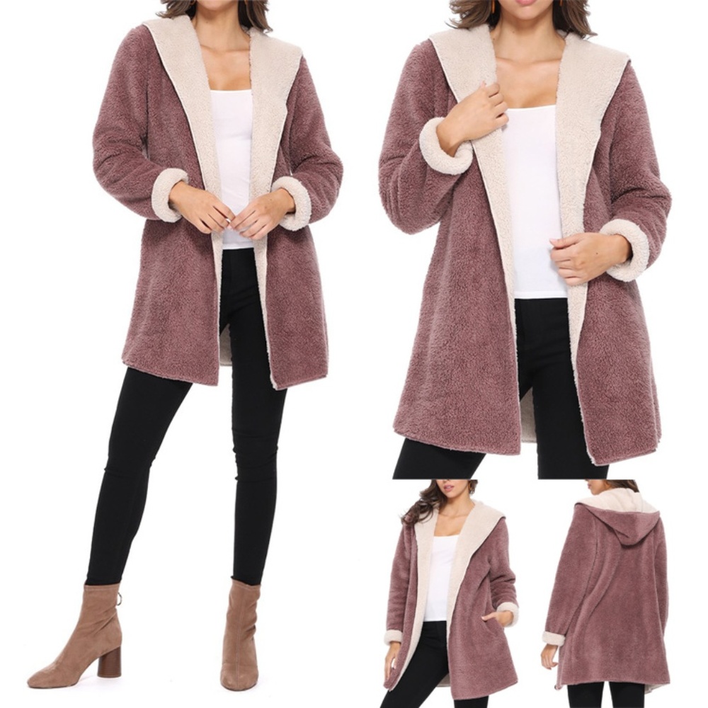 Mauve Teddy Sherpa Fleece Hood Cardigan Jacket - Picture 6 of 8